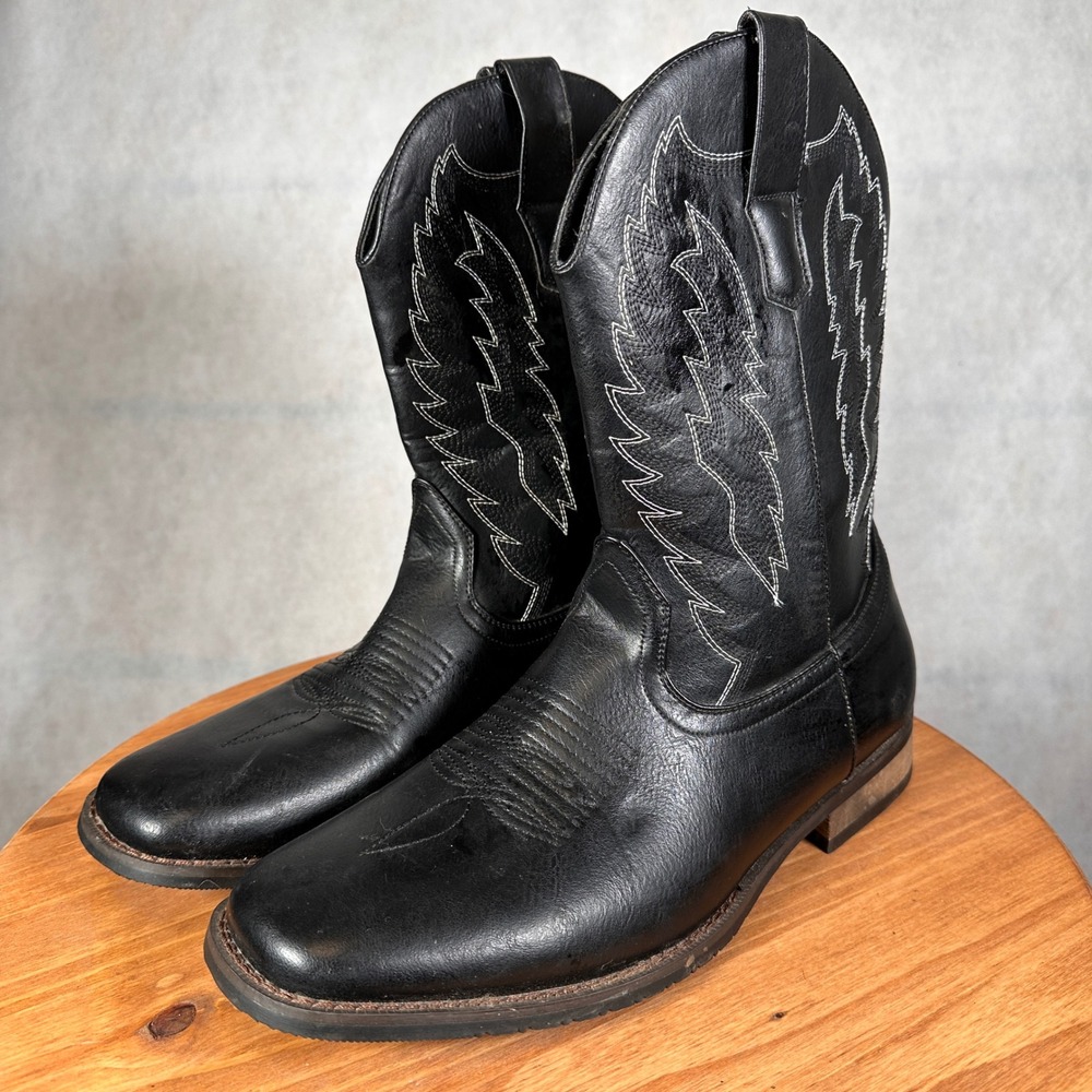 Unbranded Western Cowboy Boots Mens 12 Black Good Square Toe Contrast Stitch